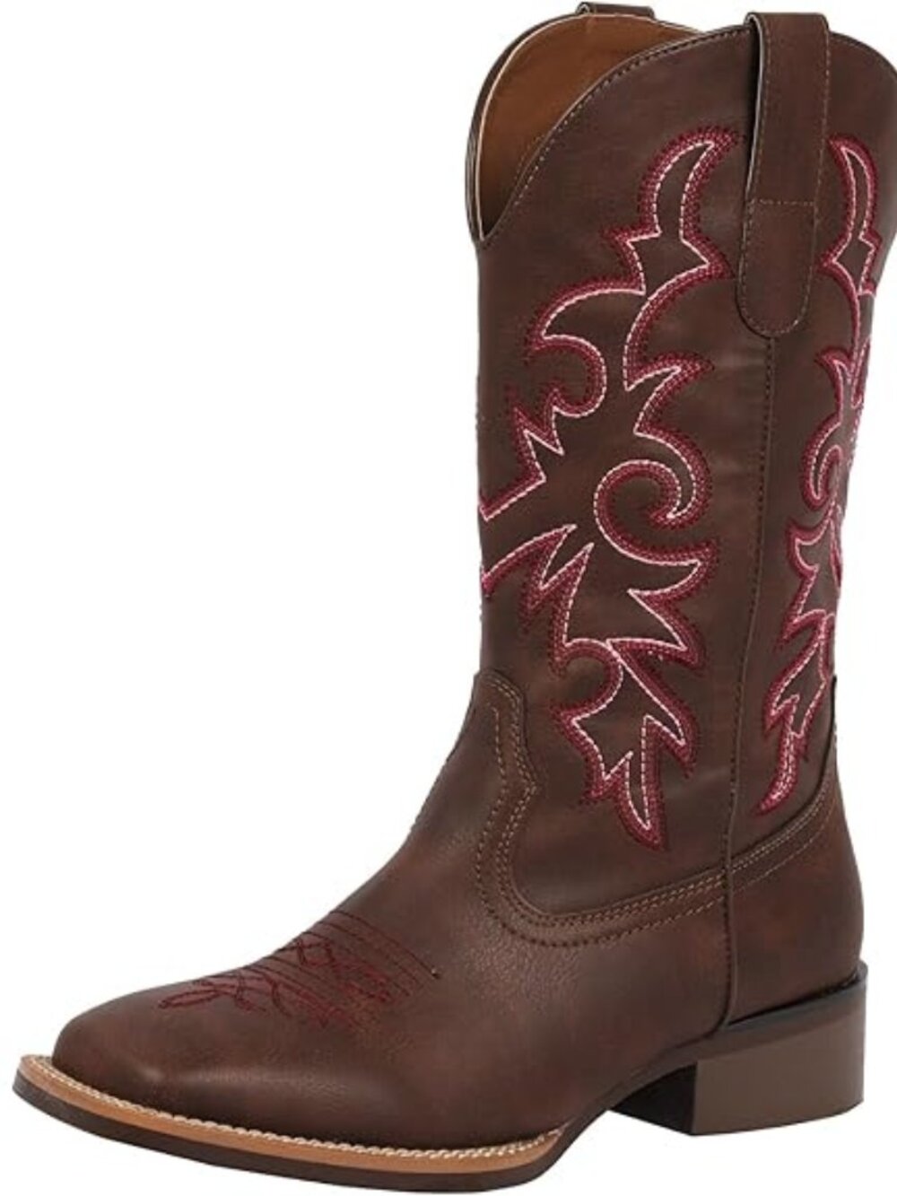 Women's Dark Brown Faux Leather Cowboy Femme Square Toe Mid Calf Cowboy Boots